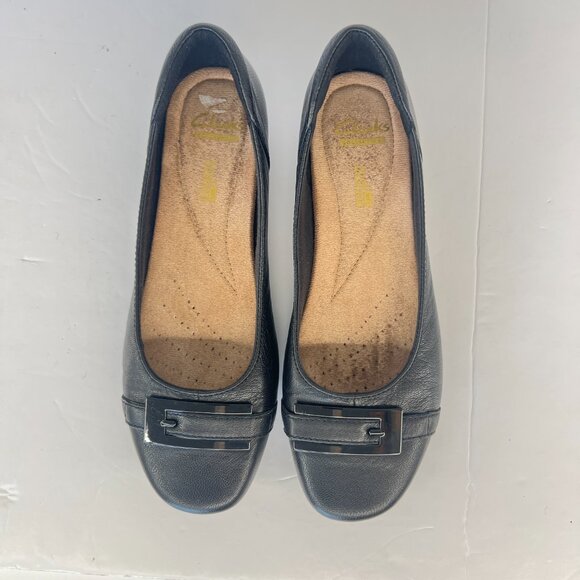 Sz 7.5 Clarks Blanche West Black Leather Buckle Embellishment Flats Women's Shoe - Picture 5 of 15